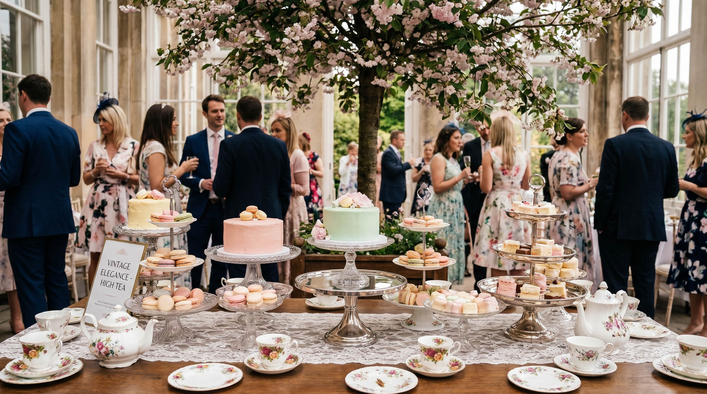 High tea event with multiple vintage tiered stands
