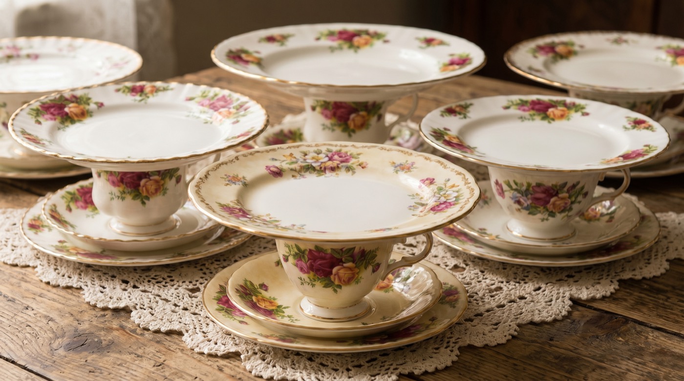 Teacup based tiered stands in Old Country Roses china