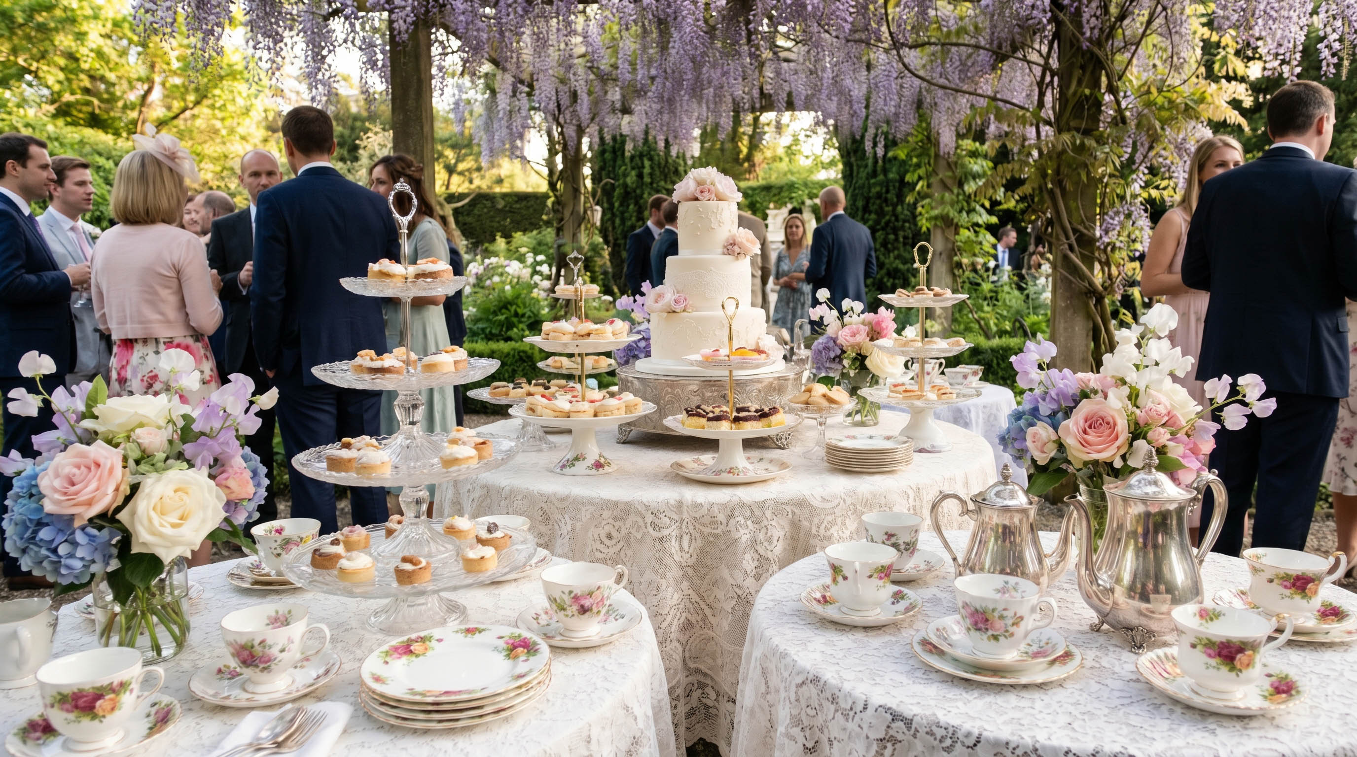 Garden wedding high tea under wisteria